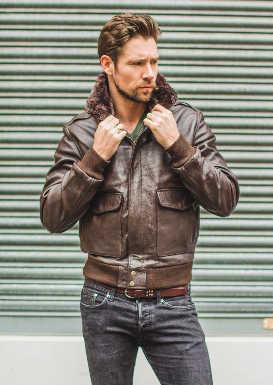 Brown Leather & Shearling Collar G-1 Pilot Aviator Jacket removable ...