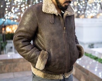 Luxury Shearling & Brown Leather Winter Aviator Jacket