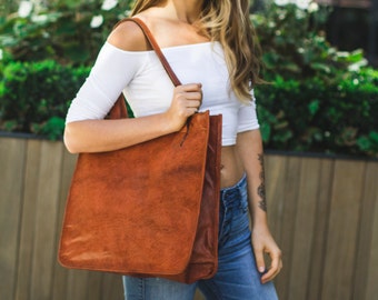 Tan Orange Leather Tote Shopper Bag