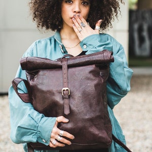 Brown Leather Traveller's Rucksack Backpack With Roll Top image 7