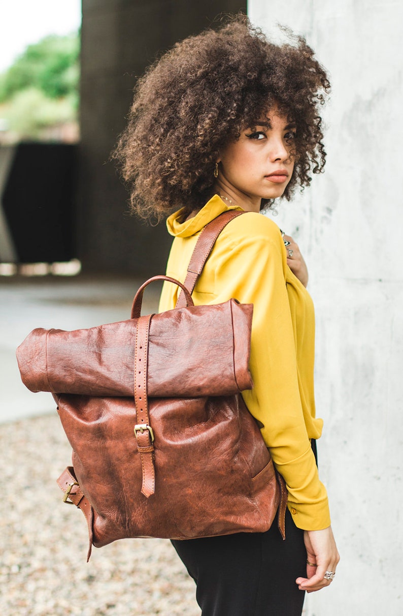 Distressed Leather Traveller's Rucksack Backpack With Roll Top image 2