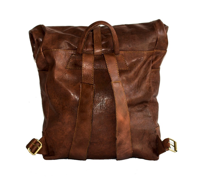 Distressed Leather Traveller's Rucksack Backpack With Roll Top image 5