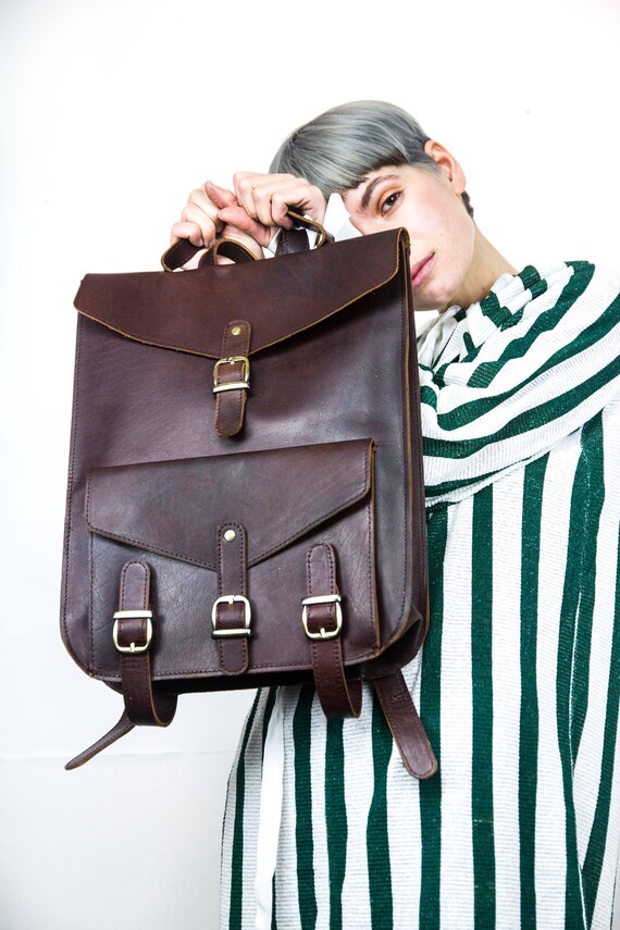 brown leather backpack etsy Retro Style Brown Leather Backpack
