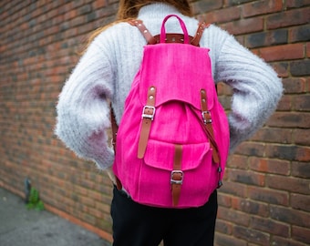 Pink Jute Canvas Rucksack With Leather Straps And Trimmings