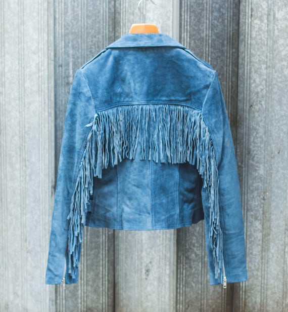 Blue suede fringe jacket hotsell