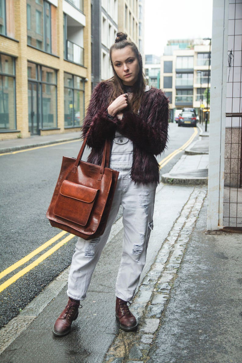 Stressed Brown Leather Shopper Tote Bag image 2