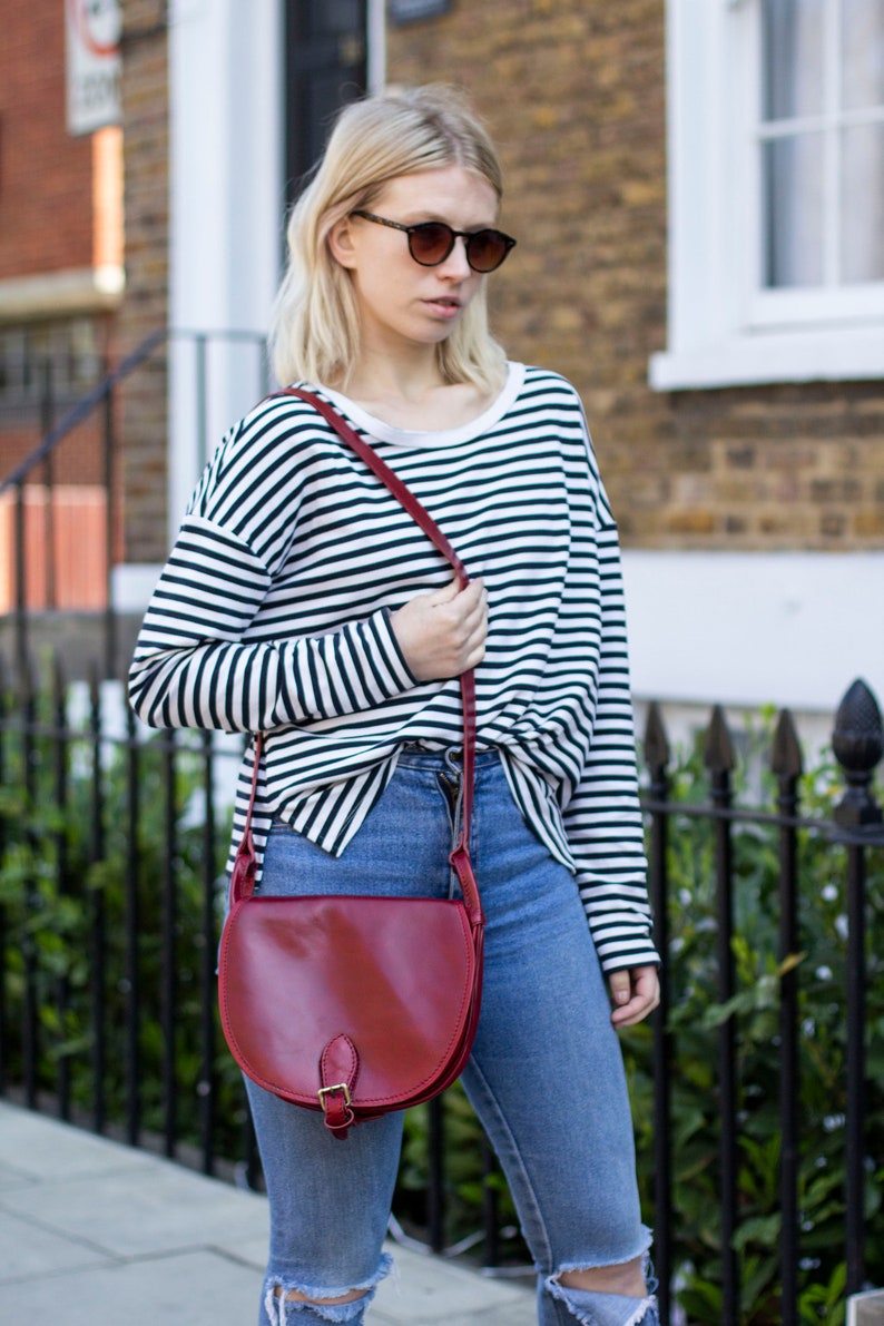 Leather Satchel Saddle Bag In Dark Red Burgundy image 8