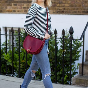 Leather Satchel Saddle Bag In Dark Red Burgundy image 5