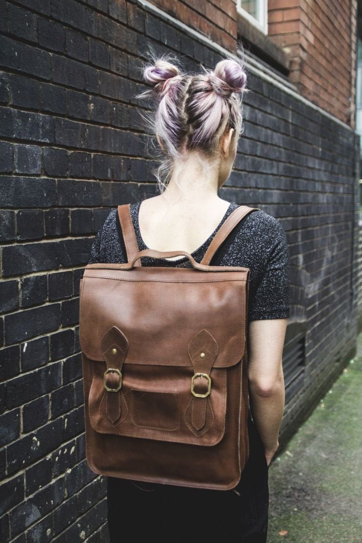 Leather Backpack With Flap in Toffee 