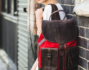 Vintage Red Suede Leather Rucksack – Waxed Leather Travel  display picture 1