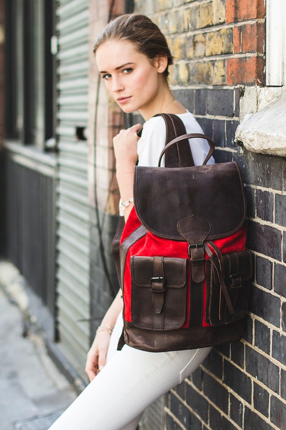 Vintage Red Suede Leather Rucksack – Waxed Leather Travel  display picture 2