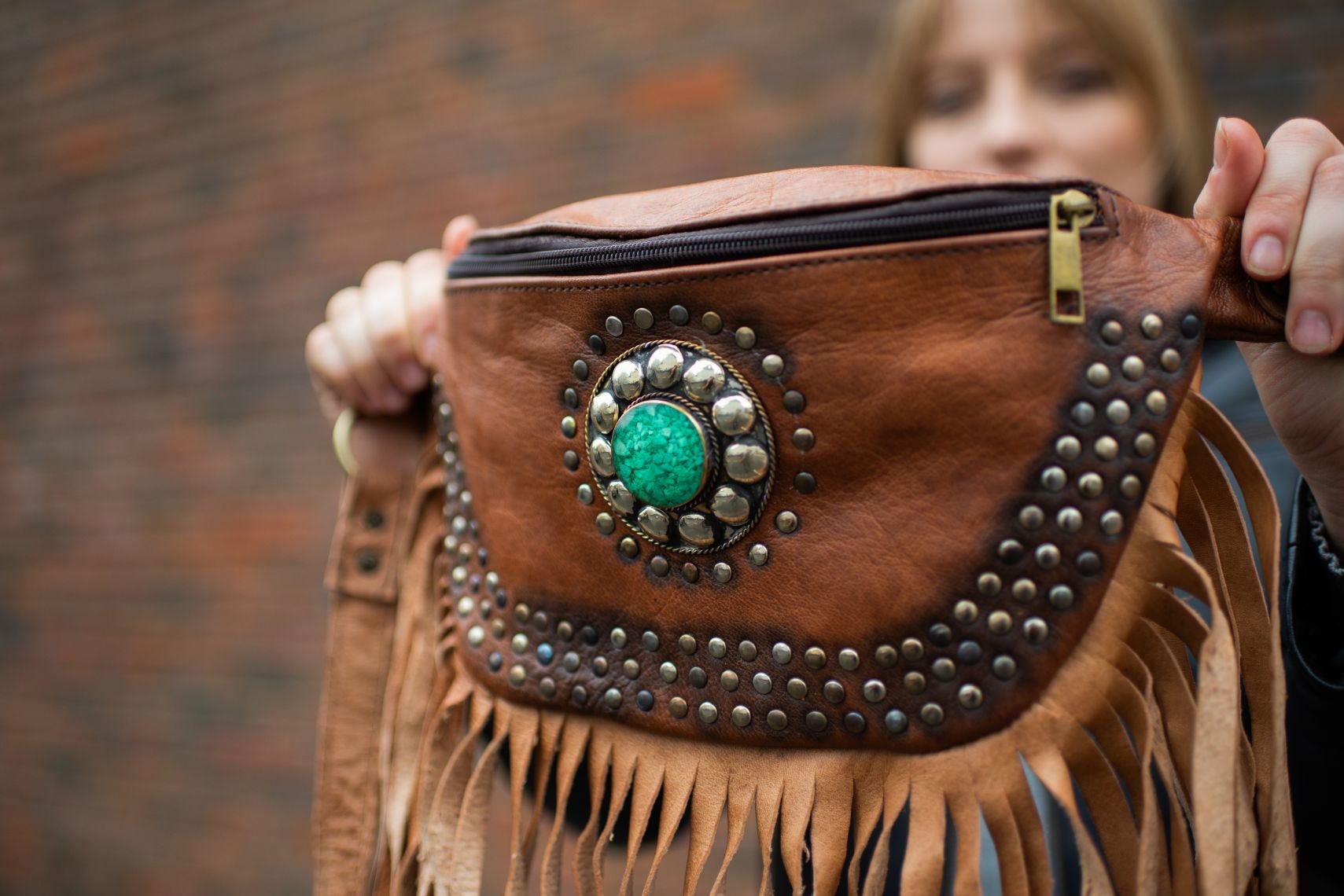 French Tote - with Studs, Boho Fringe, Braided Handle Dirty Blonde - Side Fringe