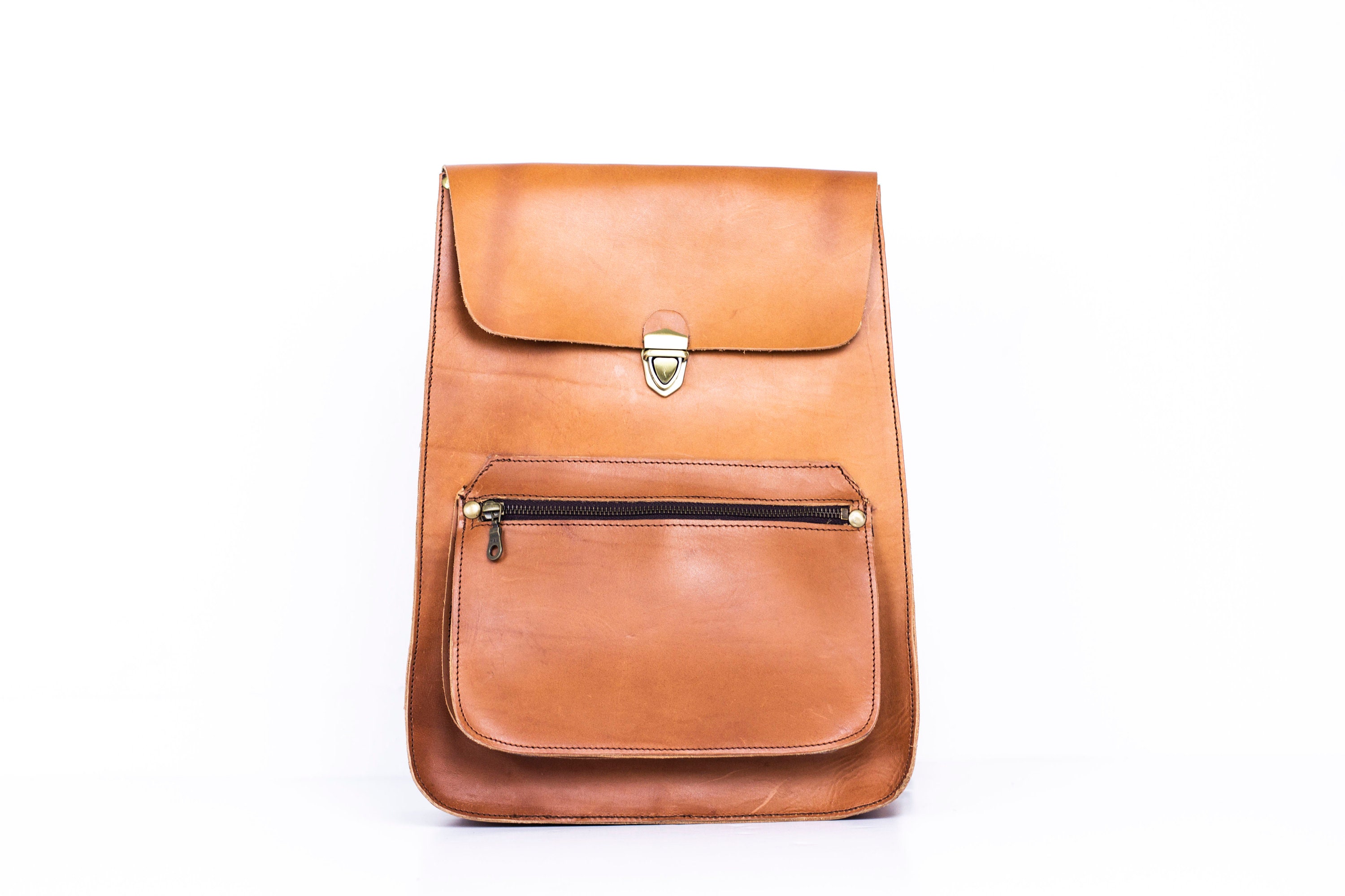 Tan Leather Backpack With Top Flap and Slide in Buckle Etsy UK