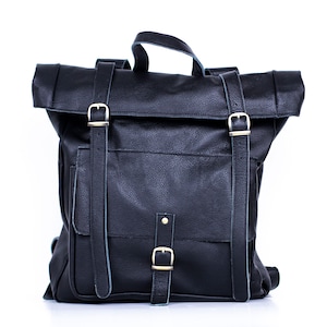Grained Leather Roll Top Backpack In Stone Black