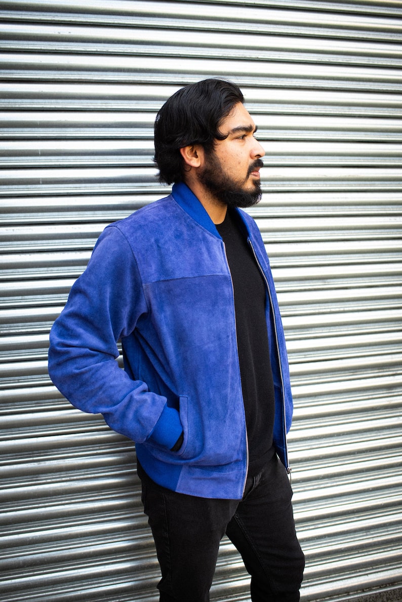 Premium Blue Suede Bomber Jacket image 4