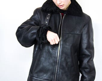 Luxury Shearling & Black Leather Winter Aviator Jacket | Unisex