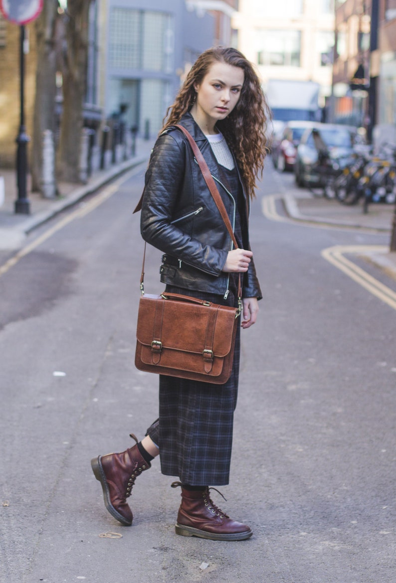 Leather Messenger Laptop Bag Satchel In Brown image 2