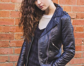 Soft Black Leather Biker Jacket With Quilted Arm Sleeves