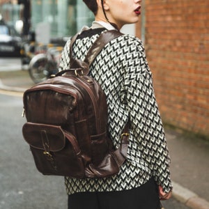 Gloss Brown Leather Office Backpack Work Rucksack image 2
