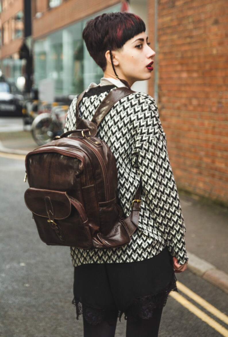 Gloss Brown Leather Office Backpack Work Rucksack image 2