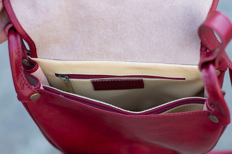 Leather Satchel Saddle Bag In Dark Red Burgundy image 3