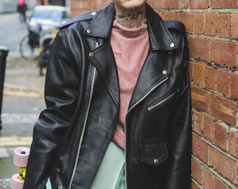 Classic Black Leather Biker Jacket (Oversized) | Marlon Brando Jacket