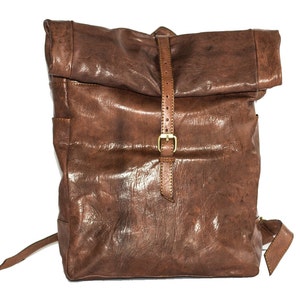 Distressed Leather Traveller's Rucksack Backpack With Roll Top image 8