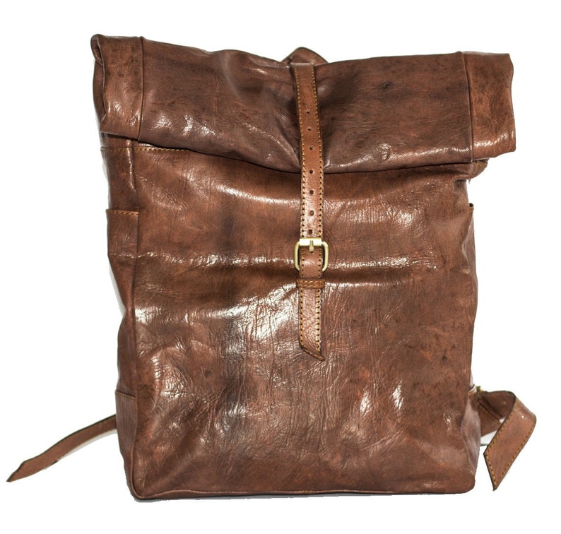 Distressed Leather Traveller's Rucksack Backpack With Roll Top image 8