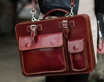 Italian Red Leather Messenger Satchel