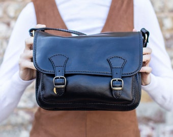 Leather Messenger Bag Satchel In Matte Black Cowhide