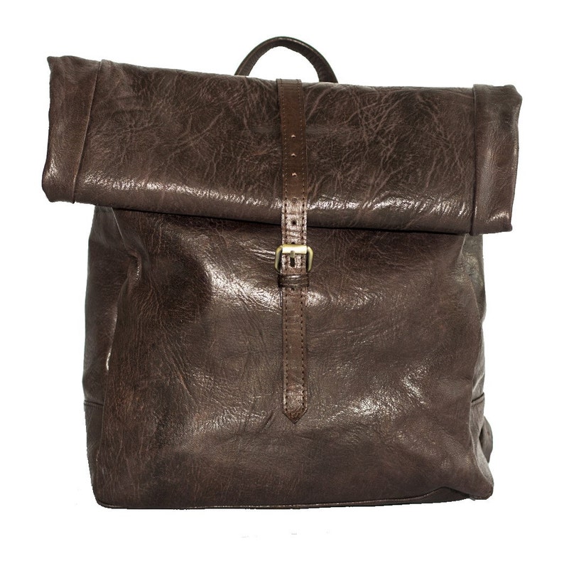 Brown Leather Traveller's Rucksack Backpack With Roll Top image 8