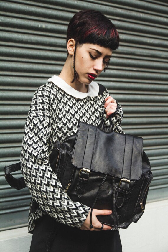 Black Leather Retro Backpack | 80's Style Rucksack - Etsy