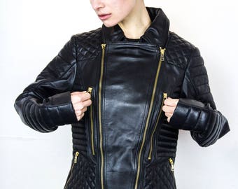 80's Style Classic Sheepskin Biker Jacket With Quilts
