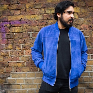 Premium Blue Suede Bomber Jacket