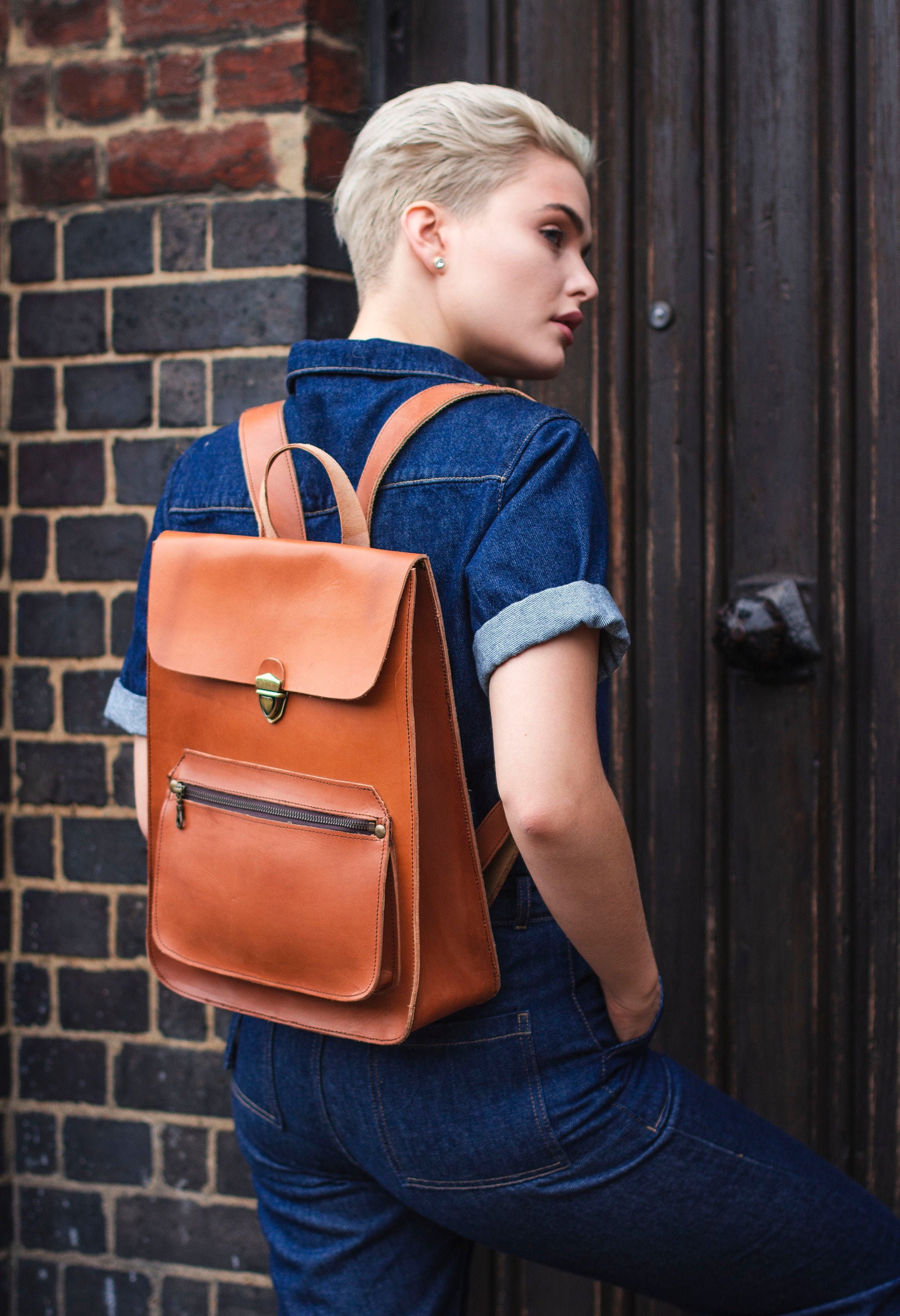 Tan Leather Backpack With Top Flap and Slide in Buckle Etsy UK