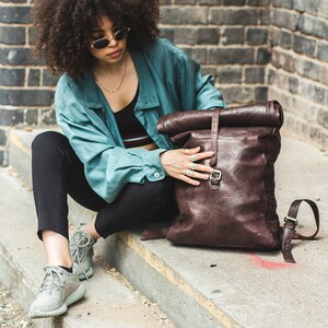 Brown Leather Traveller's Rucksack Backpack With Roll Top image 6