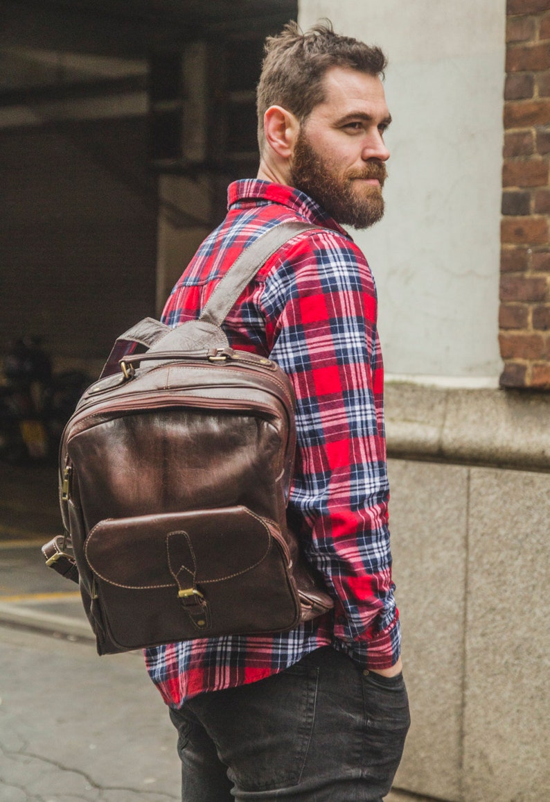 Gloss Brown Leather Office Backpack Work Rucksack image 1