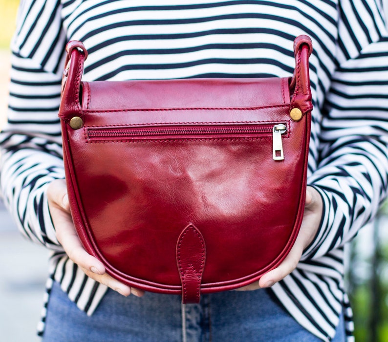 Leather Satchel Saddle Bag In Dark Red Burgundy image 4