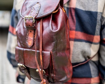 Hand Painted Rustic Brown Leather Festival Rucksack