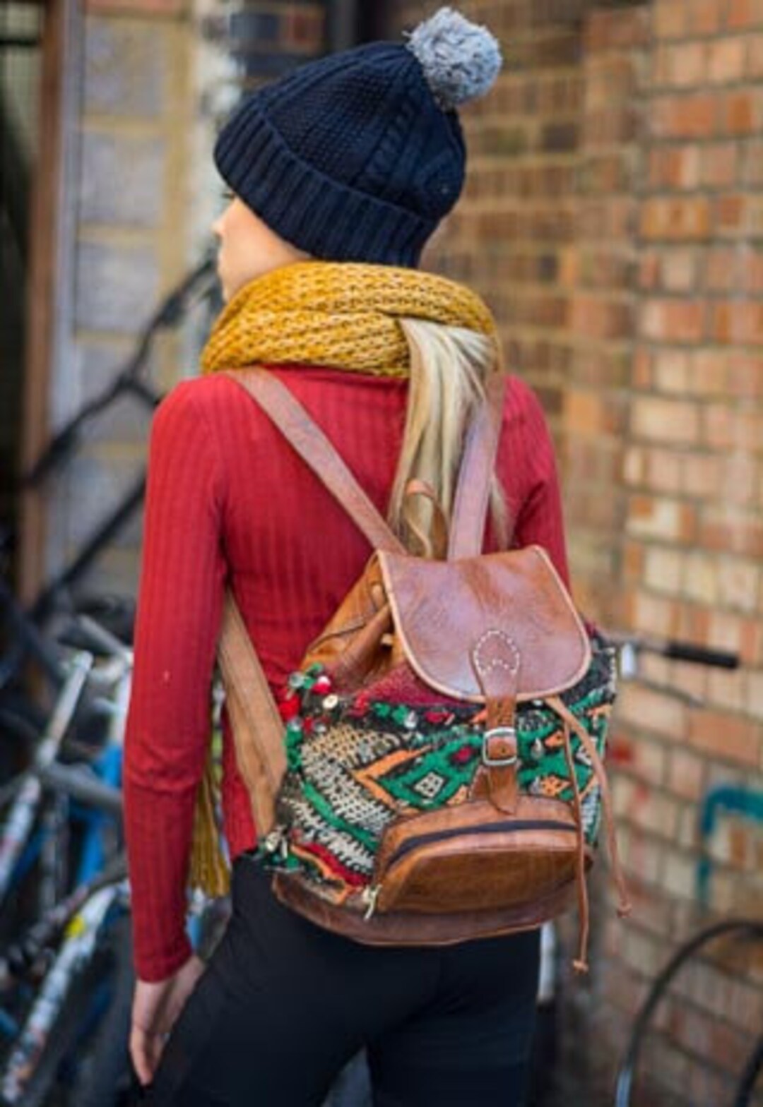 Bohemian Kilim Carpet and Moroccan Leather Rucksack - Etsy display picture 2