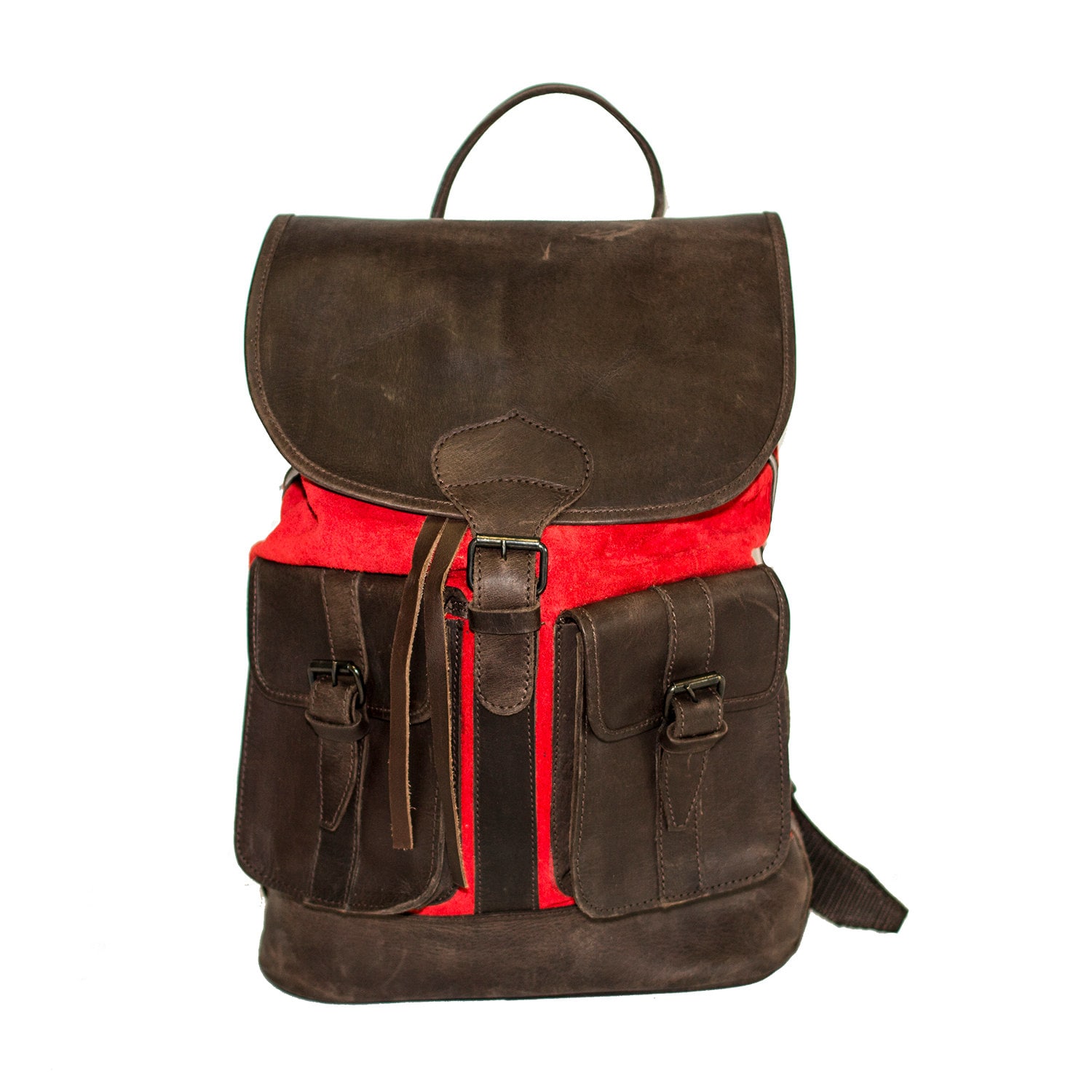 Red Suede Backpack with Tooled Leather Flap Lourdes Cincelado Leather Handbag | Café main image 2