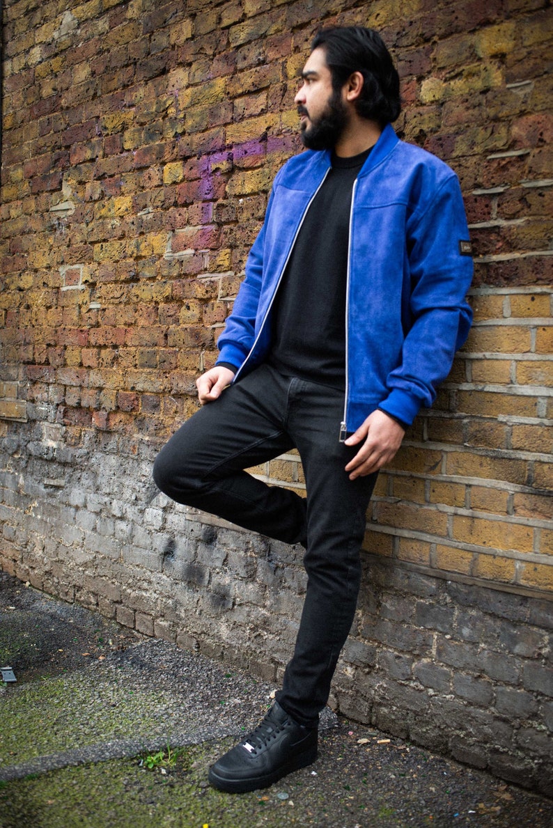 Premium Blue Suede Bomber Jacket image 2