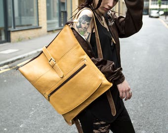 Leather Work Backpack In Mustard Yellow