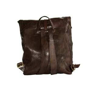 Brown Leather Traveller's Rucksack Backpack With Roll Top image 5