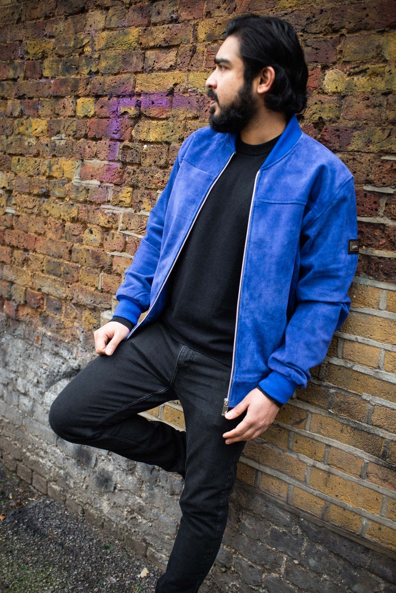 Premium Blue Suede Bomber Jacket image 6