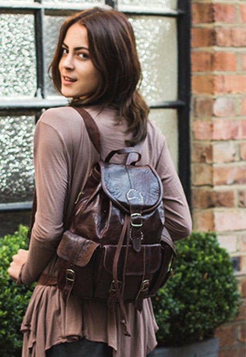 Dark Brown Moroccan Leather Rucksack | 80's Bohemian Style image 3