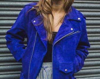 Blue Cobalt Suede Biker Jacket In Oversized Fit