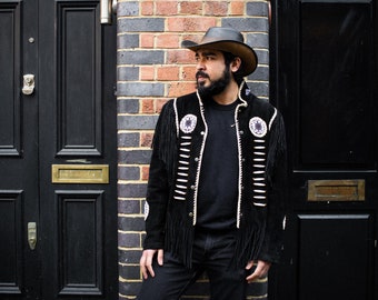 Suede Fringe Western Cowboy Jacket With Beads and Conches