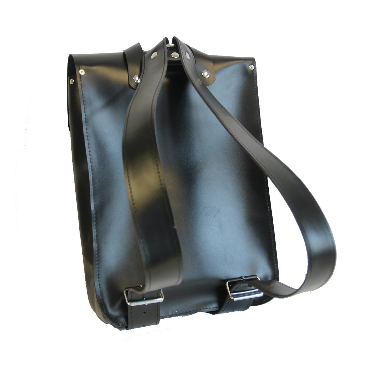 box backpack leather rectangle Boxy Black Matte Leatherette tablet sleeve Black Leather Backpack, Rectangular Buckle