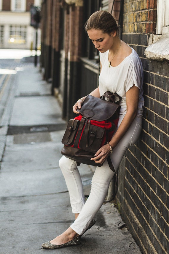 Red Suede Backpack with Tooled Leather Flap Leather Backpack - Red Suede in Leather – Avi Algrisi main image 3
